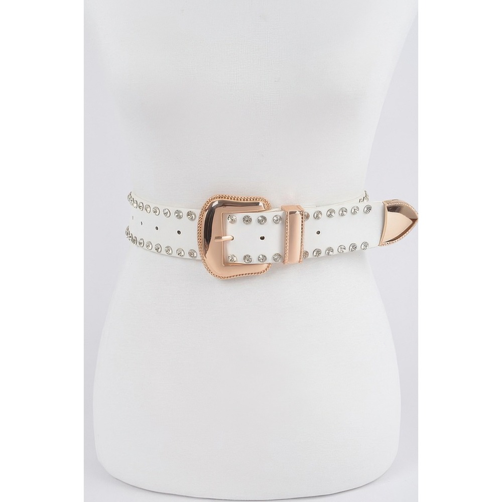 Western Belt Womens One Size White New Rhinestone Rose Gold Buckle